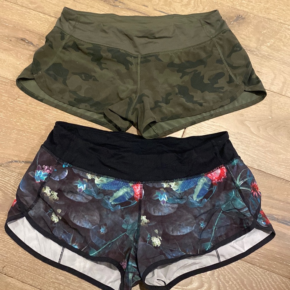 2 Pairs of Lululemon Speed Up Shorts, like new camo and jungle print